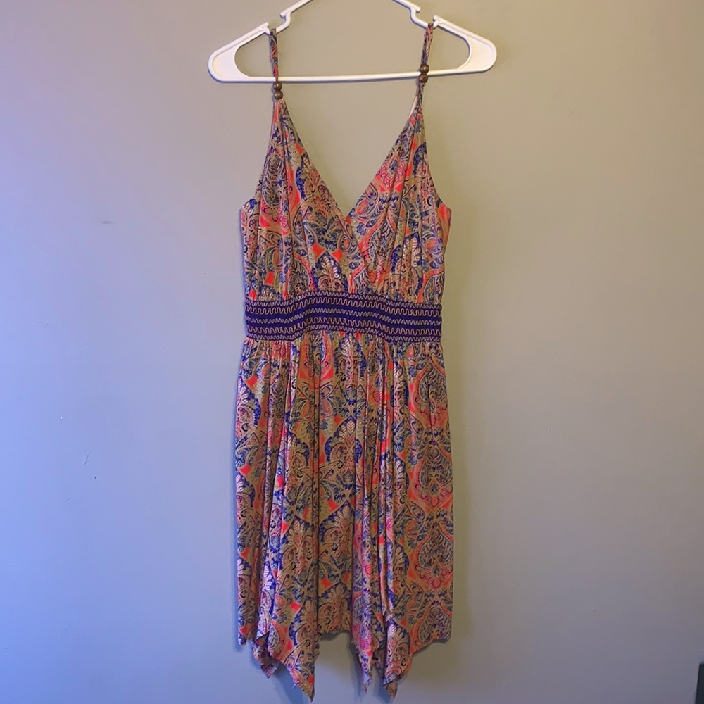 Miss Me, size small, pink and blue ornate pattern midi dress